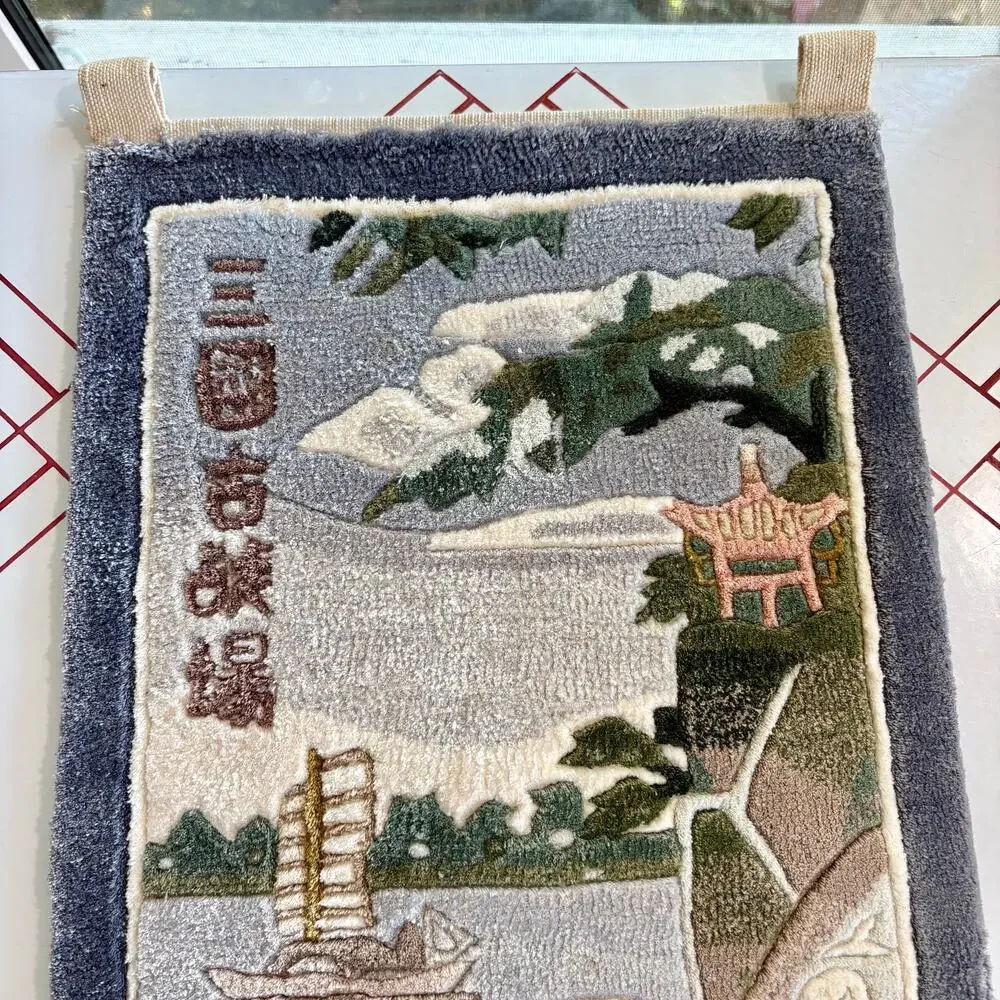 Vintage Chinese Silk Wall Hanging Rug Water and Boat Landscape Fringed Tassels